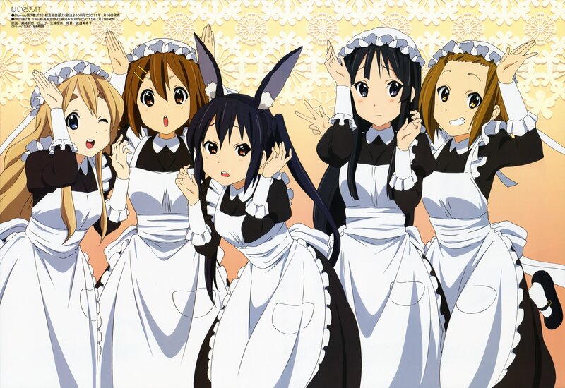 Five Anime Girls in Maid Outfits — White, Cheerful