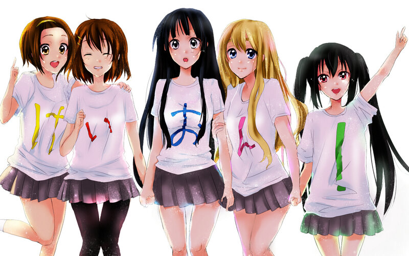 Five anime girls in matching shirts