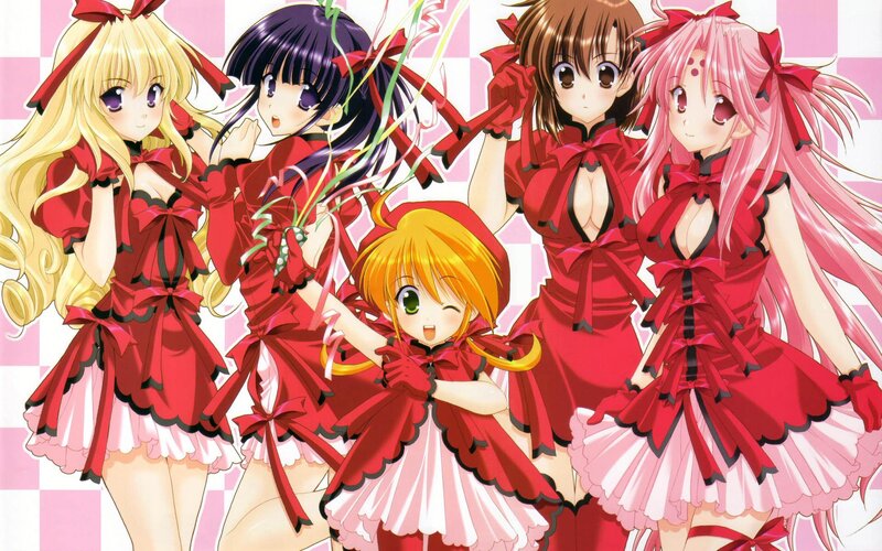 Five Anime Girls in Red Dresses — Playful