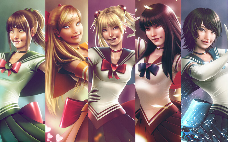 Five Anime Girls in Sailor Uniforms