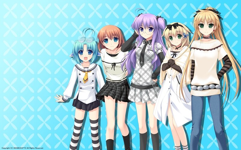 five anime girls in school uniforms