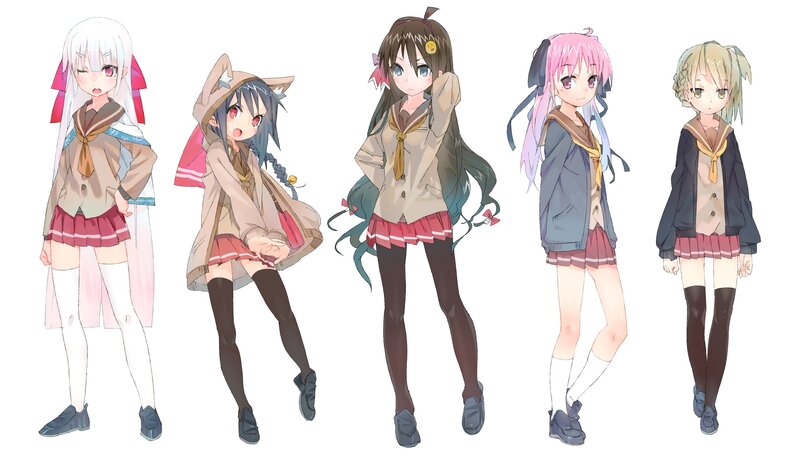 five anime girls in school uniforms