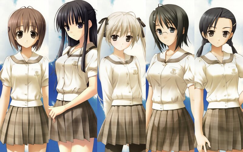 five anime girls in school uniforms