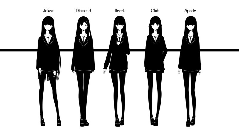 Five anime girls in school uniforms