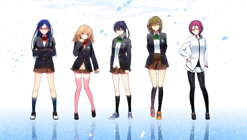 five anime girls in school uniforms