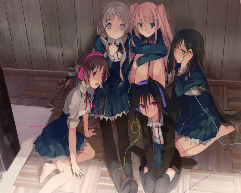 Five Anime Girls in School Uniforms — Blue, Calm, Headphones
