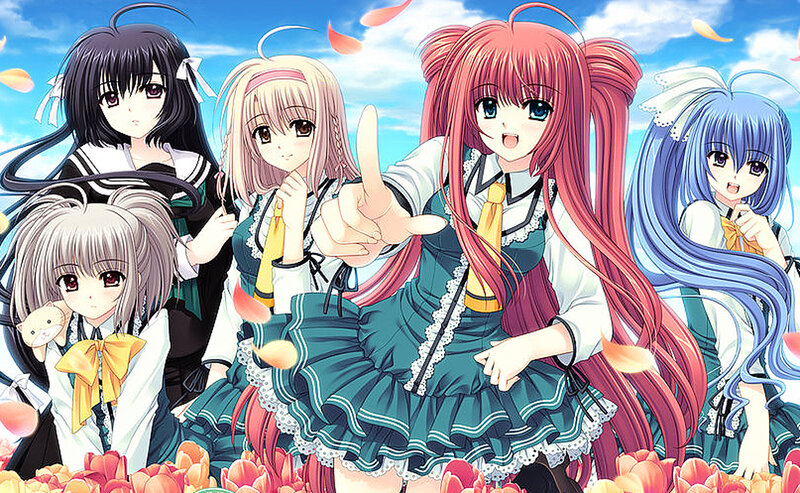 Five Anime Girls in School Uniforms — Blue, Cheerful, Spring