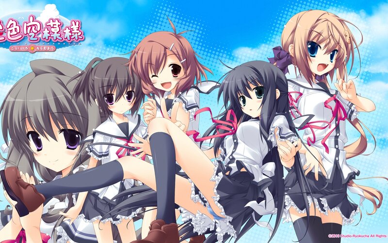 Five Anime Girls in School Uniforms — Blue, Cheerful