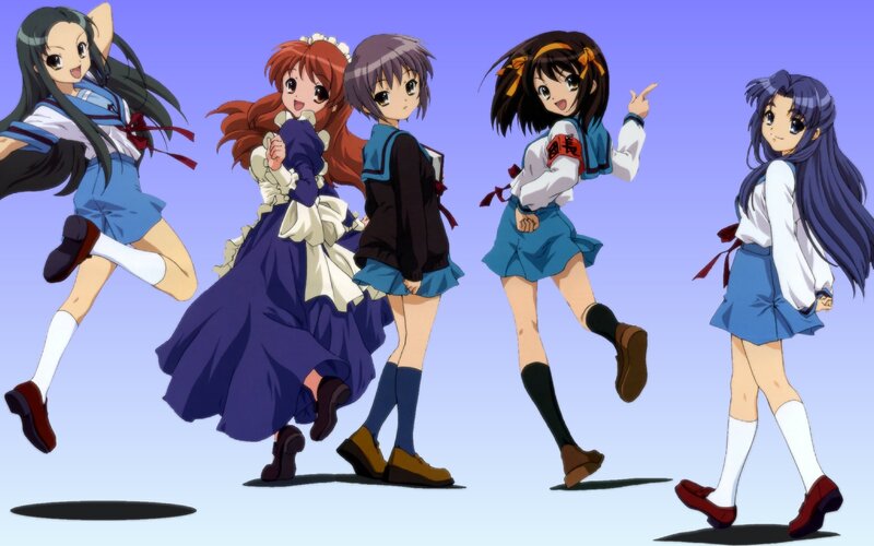 Five Anime Girls in School Uniforms — Blue, Playful, School Uniform, Jumping