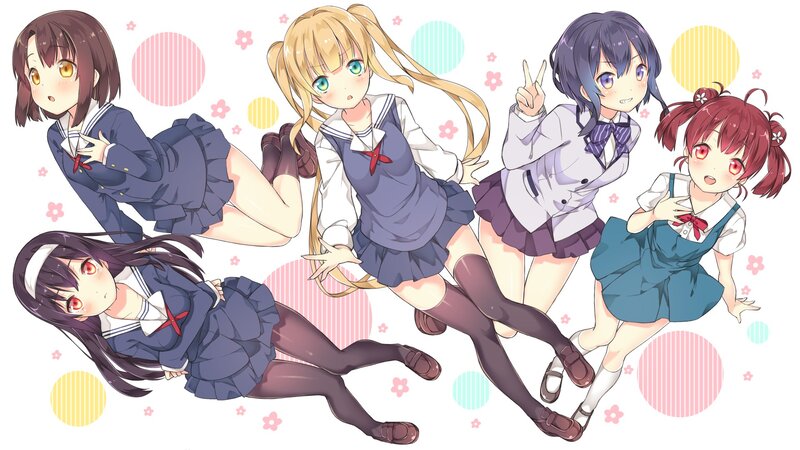 Five Anime Girls in School Uniforms — Blue, Playful, School Uniforms