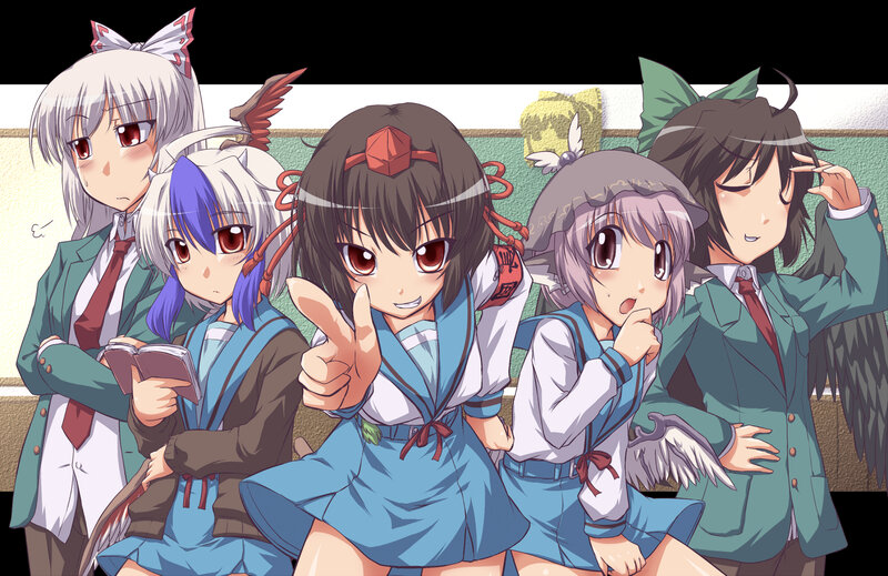 Five Anime Girls in School Uniforms — Blue, Playful