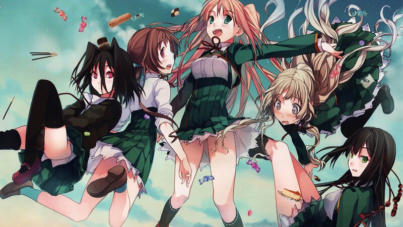 Five Anime Girls in School Uniforms — Green, Chaotic