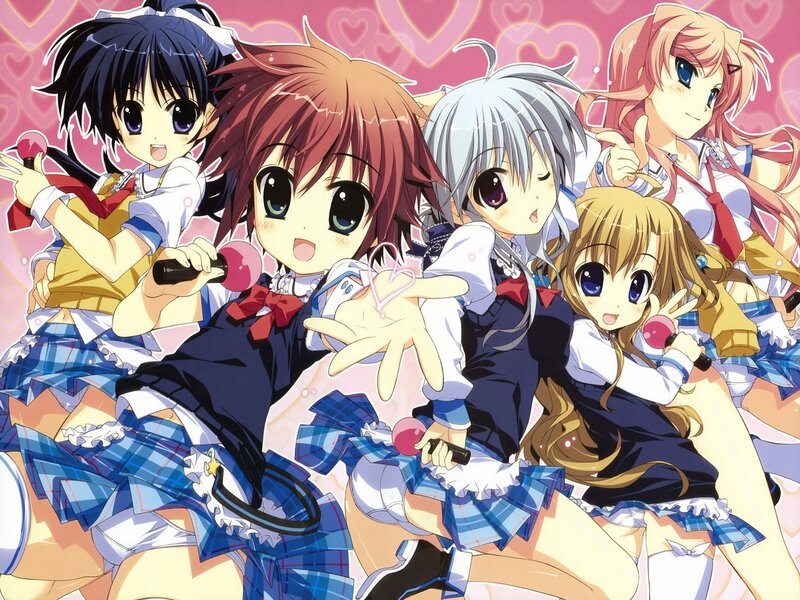 Five Anime Girls in School Uniforms — Pink, Cheerful, Microphones