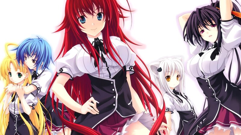 Five Anime Girls in School Uniforms — Red, Playful