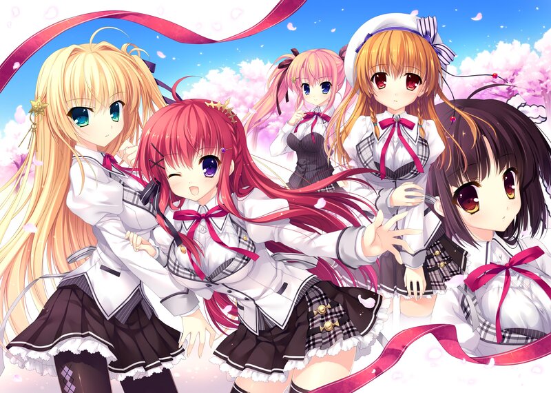 Five Anime Girls in School Uniforms — White, Cheerful