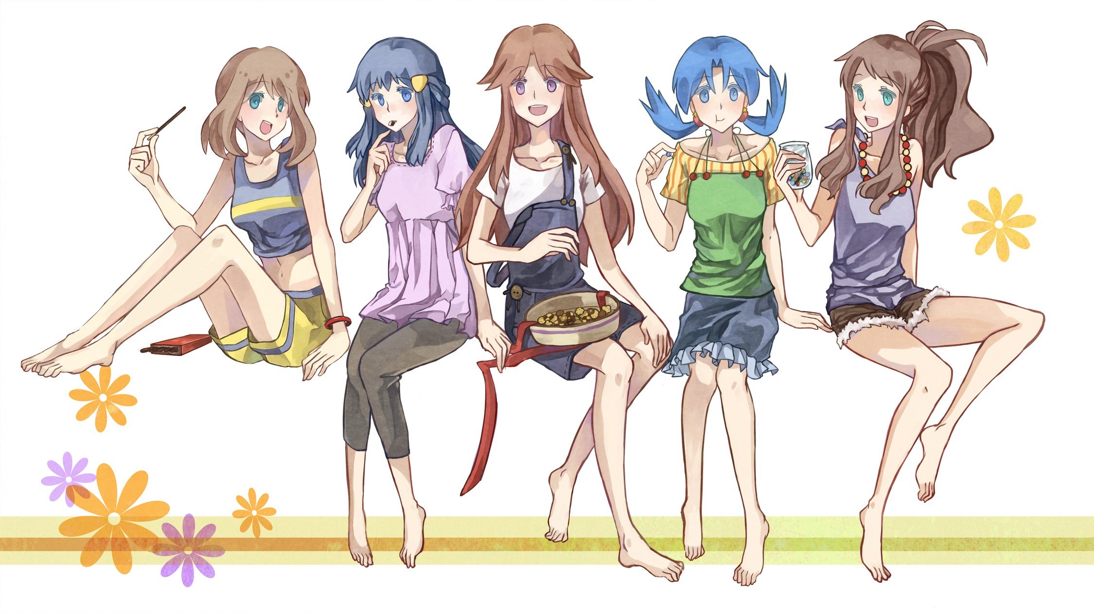 five anime girls in summer clothes