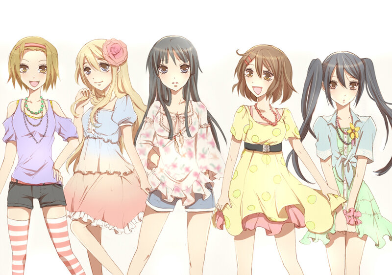 five anime girls in summer outfits