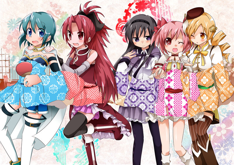 Five Anime Girls in Traditional Clothing — Pink