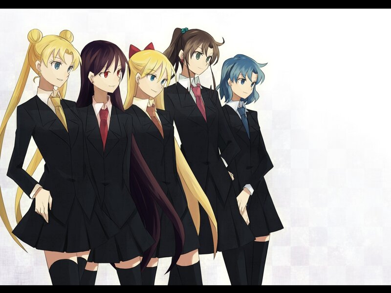 Five Anime Girls in Uniforms — Black, Neutral, School Uniform, Long Hair