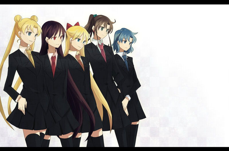 Five Anime Girls in Uniforms — Black, Neutral, School Uniform
