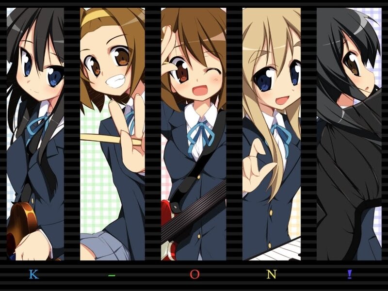 Five Anime Girls in Uniforms — Blue, Cheerful, School Uniform, Guitar