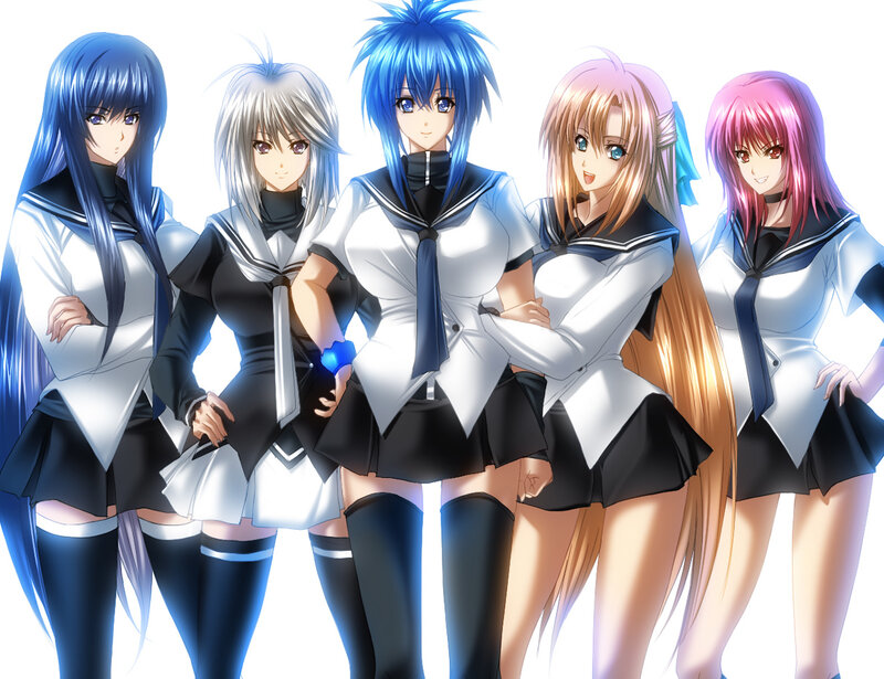 Five Anime Girls in Uniforms — Blue, Confident