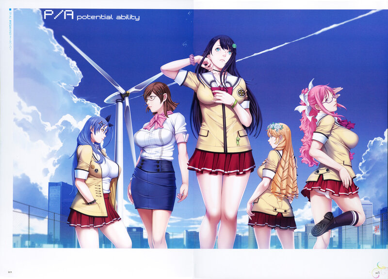 Five Anime Girls in Uniforms — Blue, Dramatic, Afternoon