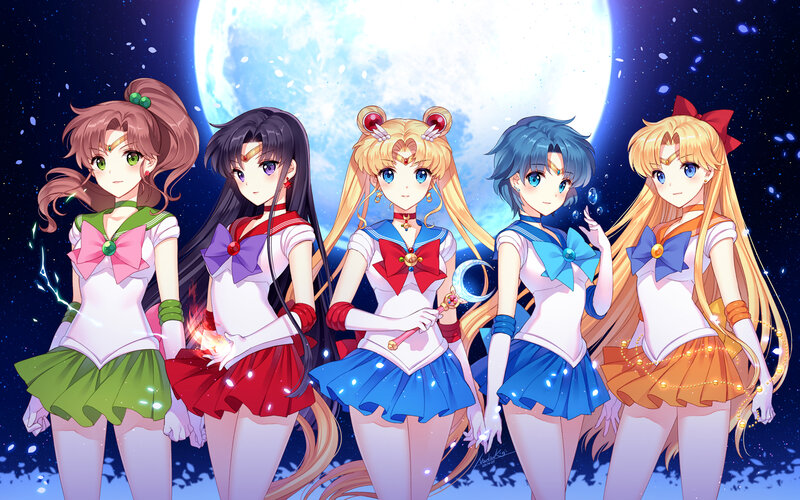 Five Anime Girls in Uniforms — Blue, Dramatic