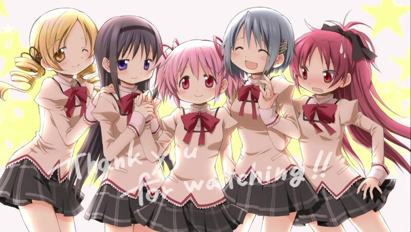 Five Anime Girls in Uniforms — Pink, Cheerful, School Uniform, Bows
