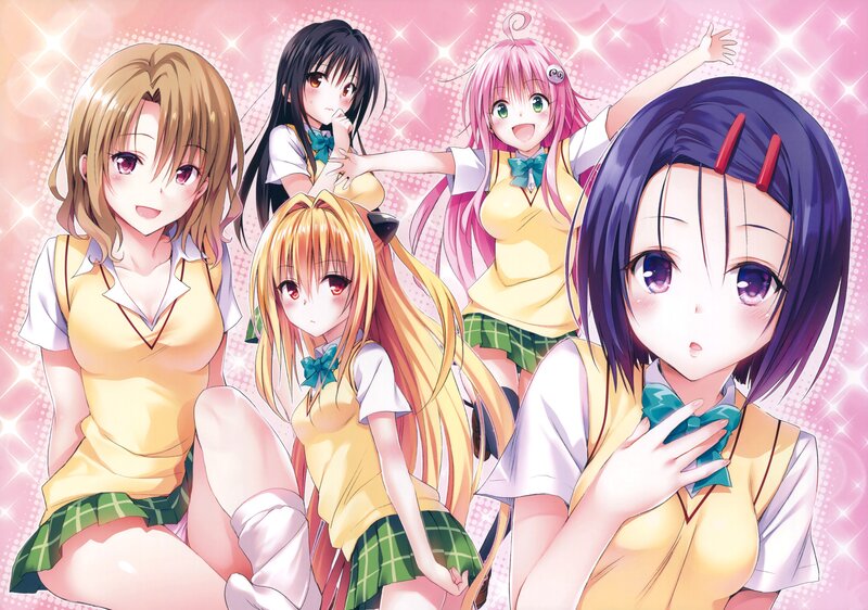 Five Anime Girls in Uniforms — Pink, Cheerful, School Uniform, Sparkles