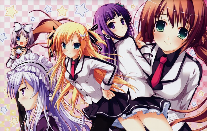Five Anime Girls in Uniforms — Pink, Cheerful, School Uniform