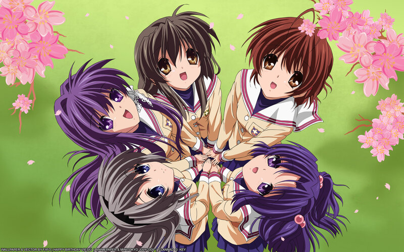 Five Anime Girls in Uniforms — Purple, Cheerful