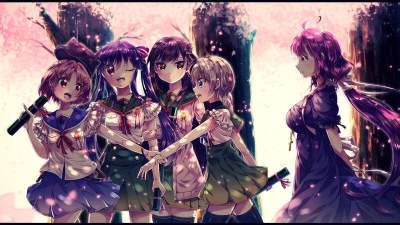 Five Anime Girls in Uniforms — Purple, Dramatic