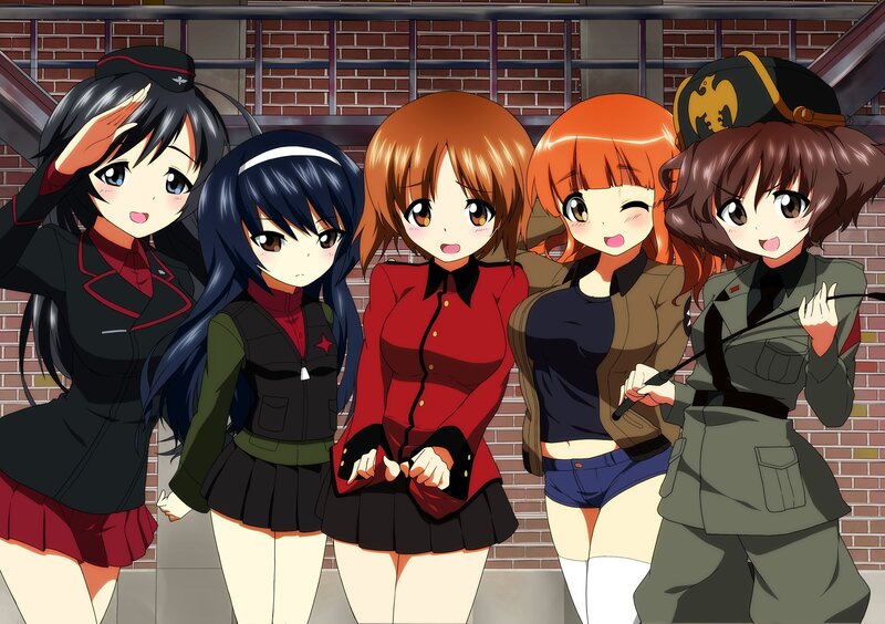 Five Anime Girls in Uniforms — Red, Playful, Brick Wall