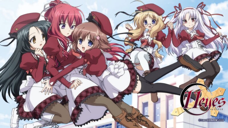 Five Anime Girls in Uniforms — Red, Playful