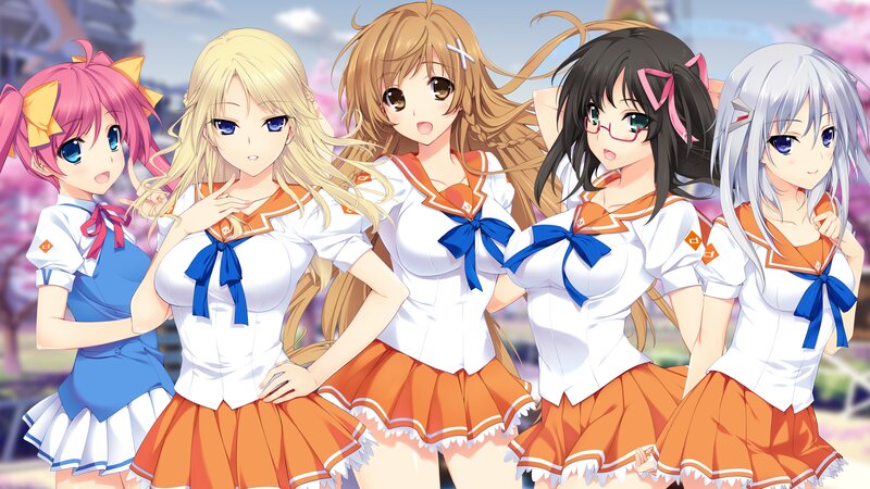 Five Anime Girls in Uniforms — White, Cheerful, Spring
