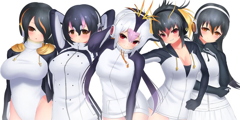 Five Anime Girls in Uniforms — White, Playful, Headphones