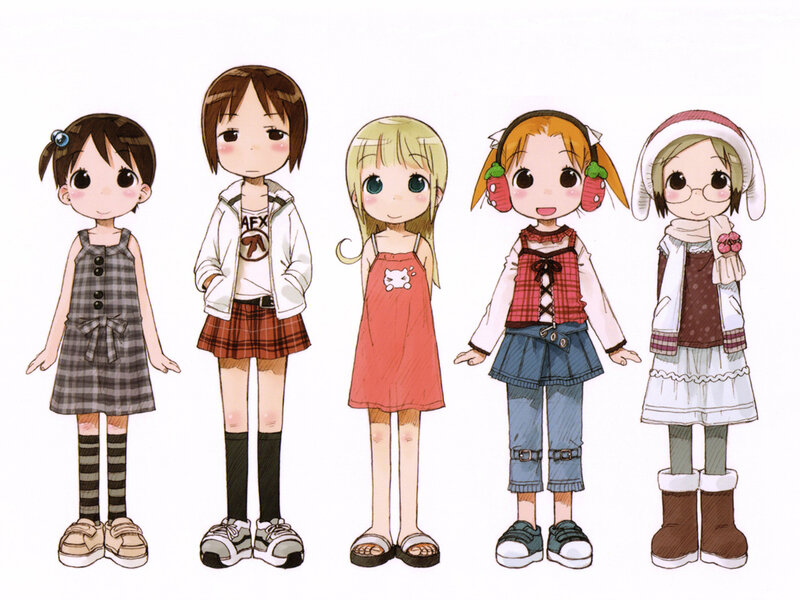 Five anime girls in various outfits