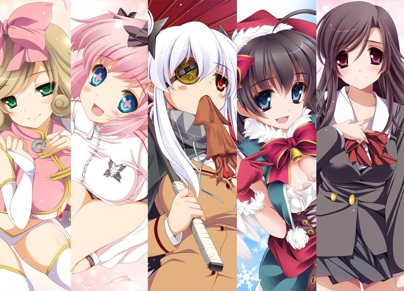 Five anime girls in various outfits