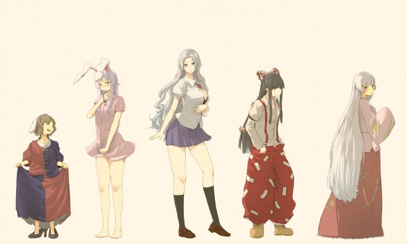 five anime girls in various outfits