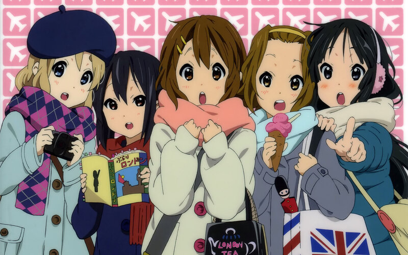 Five Anime Girls in Winter Clothes — Pink, Cheerful