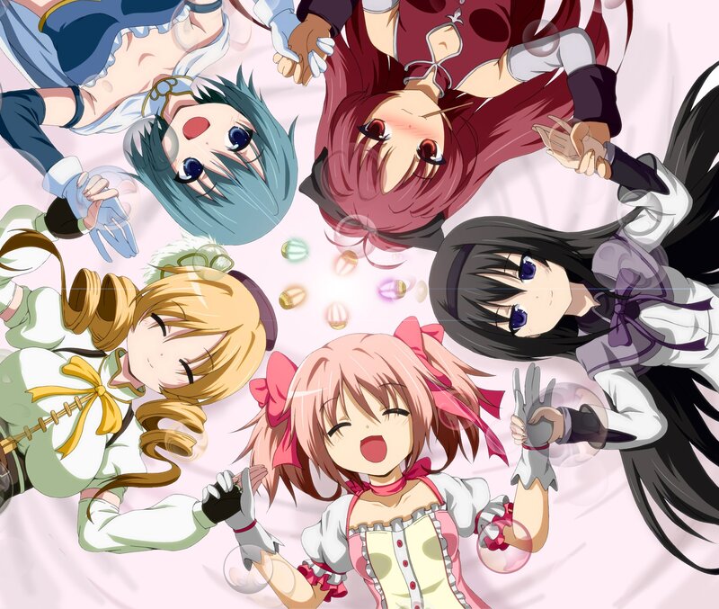 Five Anime Girls Lying Down — Pink, Playful