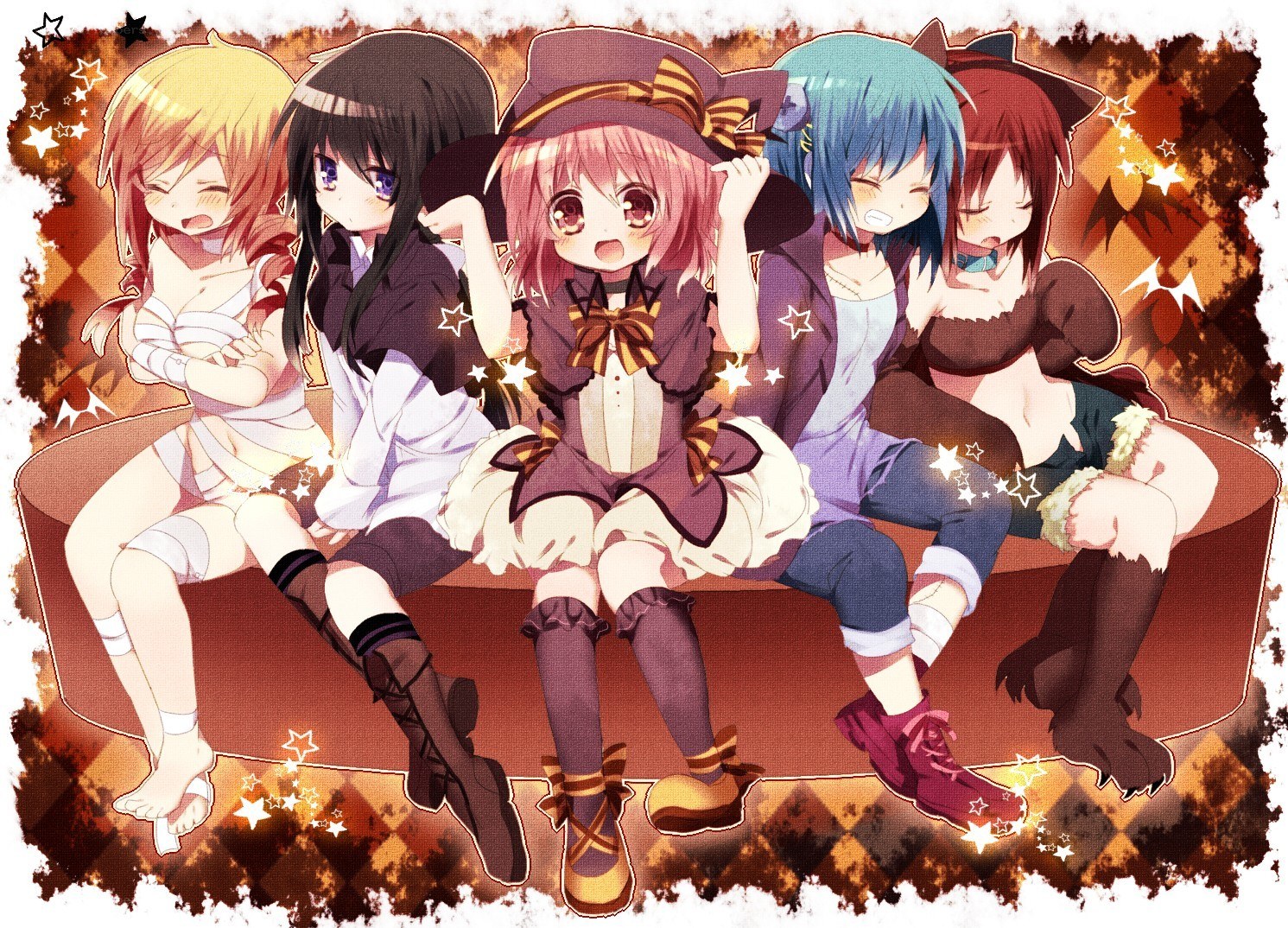 Five anime girls on a couch