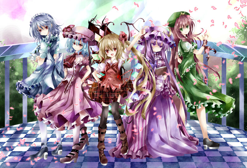 Five Anime Girls on Balcony — Purple