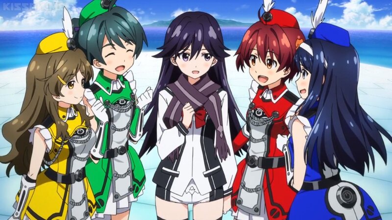 Five Anime Girls on Beach — Blue, Bright