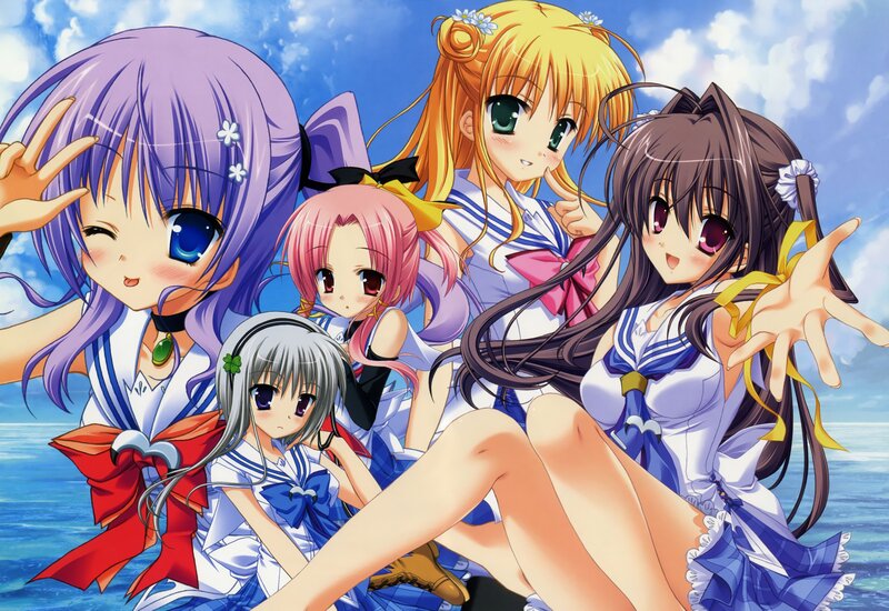 Five Anime Girls on Beach — Blue, Cheerful