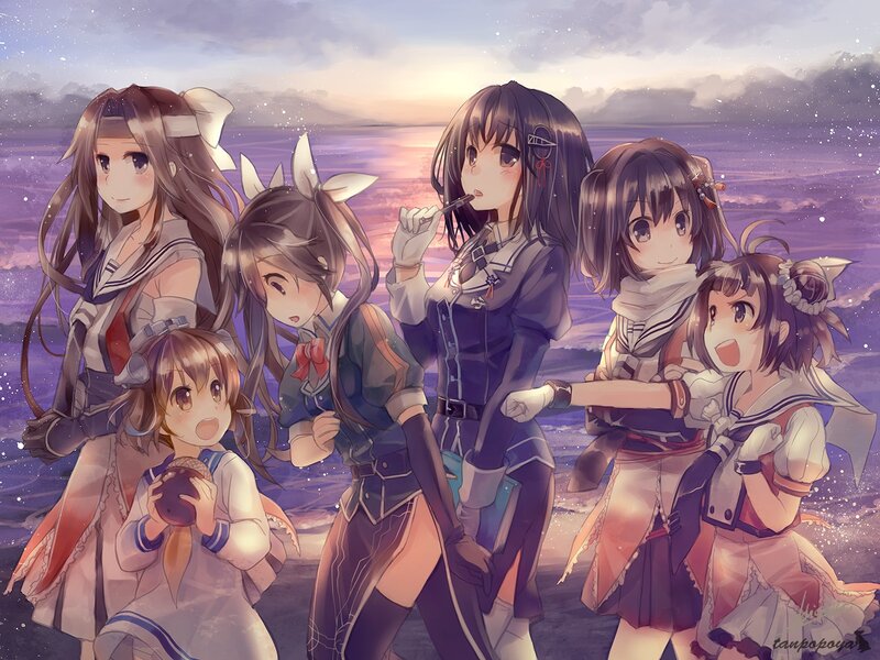 Five Anime Girls on Beach — Purple