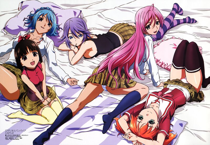 Five Anime Girls on Bed — Pink