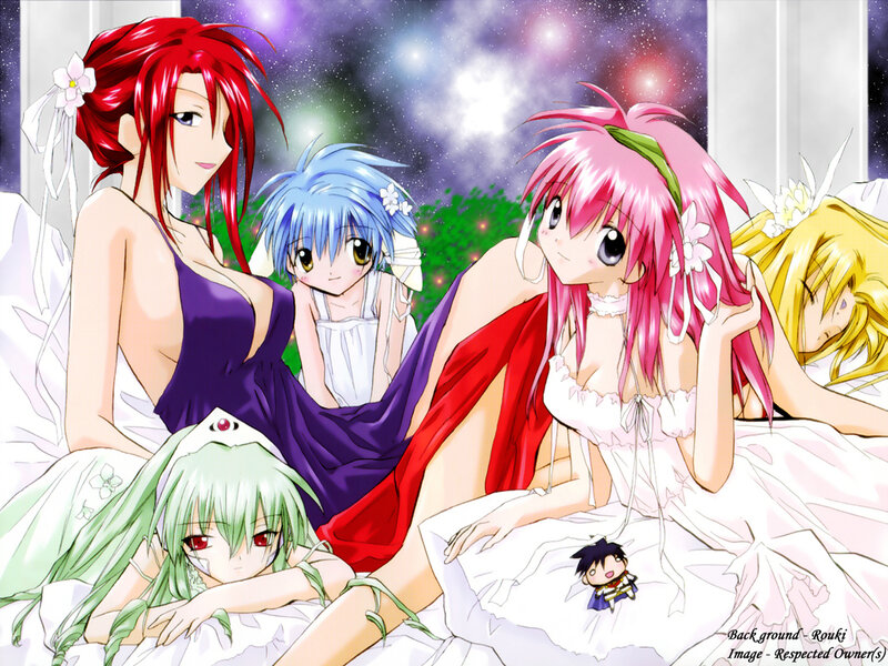 Five Anime Girls on Bed