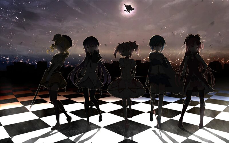 Five Anime Girls on Chessboard — Black, Dramatic, Night